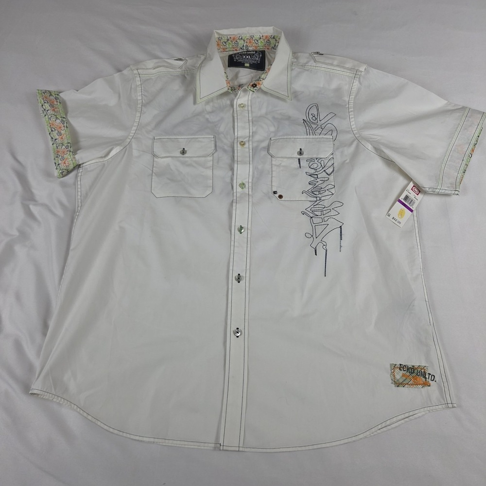 Vtg Y2K Ecko Unltd White Embroidered Graphic Short Sleeve Shirt Button Size XXL